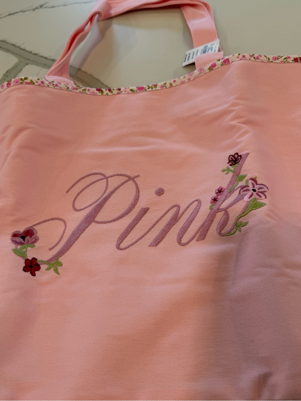 PINK Victoria's Secret Light Pink Embroidered Floral Tote - Picture 2 of 9